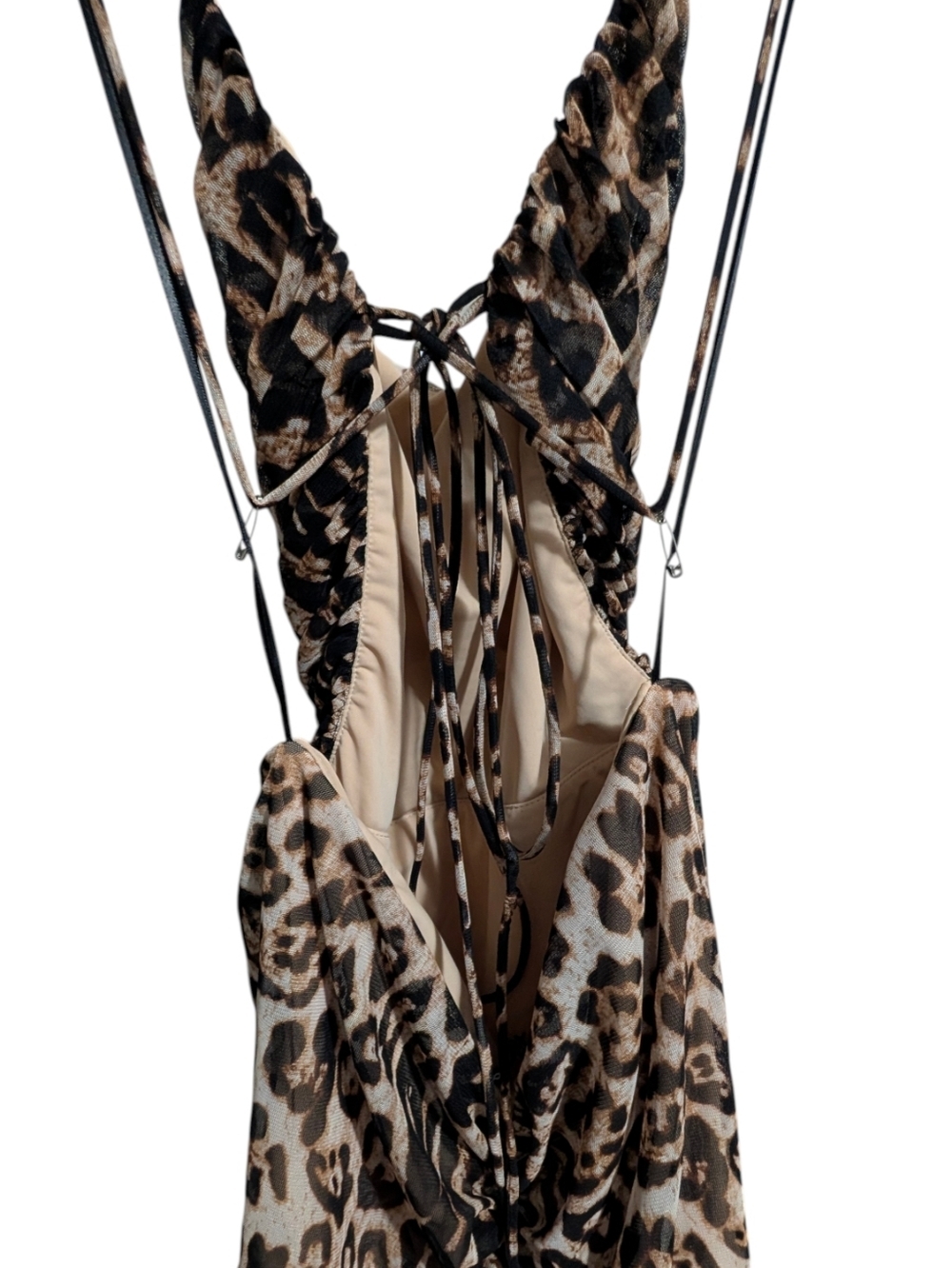 Fashion Nova Leopard Mesh Maxi Dress Medium Bodycon Halter Open Back High Slit - Picture 7 of 13